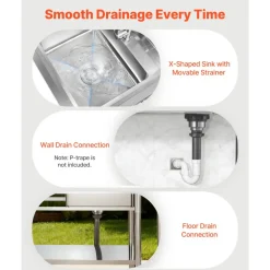VEVOR Stainless Steel Utility Sink, Free Standing Single Bowl Commercial Kitchen Sink with Faucet, Utility Left Basin Workbench with Hot & Cold Water Pipe for Garage Restaurant Laundry, 47x19.7x37 in