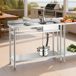 VEVOR Stainless Steel Utility Sink, Free Standing Single Bowl Commercial Kitchen Sink with Faucet, Utility Left Basin Workbench with Hot & Cold Water Pipe for Garage Restaurant Laundry, 47x19.7x37 in