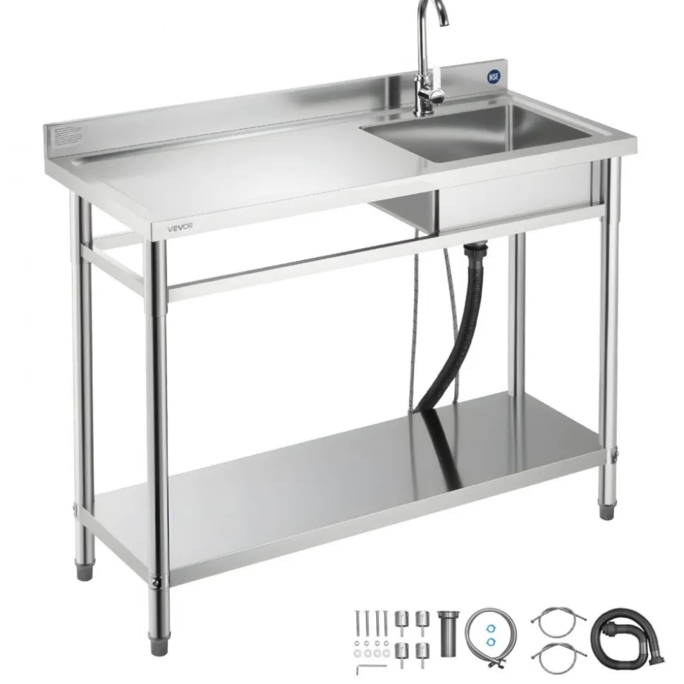 VEVOR Stainless Steel Utility Sink, Free Standing Single Bowl Commercial Kitchen Sink with Faucet, Utility Left Basin Workbench with Hot & Cold Water Pipe for Garage Restaurant Laundry, 47x19.7x37 in