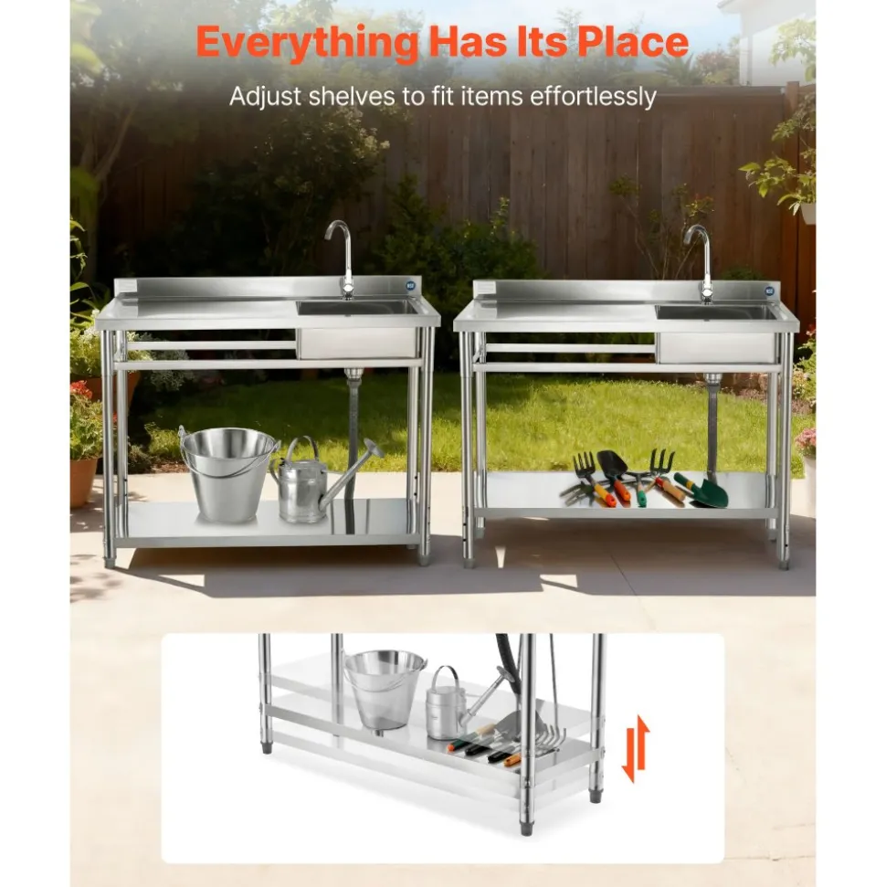 VEVOR Stainless Steel Utility Sink, Free Standing Single Bowl Commercial Kitchen Sink with Faucet, Utility Left Basin Workbench with Hot & Cold Water Pipe for Garage Restaurant Laundry, 47x19.7x37 in