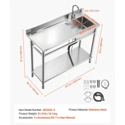 VEVOR Stainless Steel Utility Sink, Free Standing Single Bowl Commercial Kitchen Sink with Faucet, Utility Left Basin Workbench with Hot & Cold Water Pipe for Garage Restaurant Laundry, 47x19.7x37 in