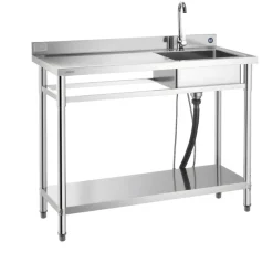 VEVOR Stainless Steel Utility Sink, Free Standing Single Bowl Commercial Kitchen Sink with Faucet, Utility Left Basin Workbench with Hot & Cold Water Pipe for Garage Restaurant Laundry, 47x19.7x37 in