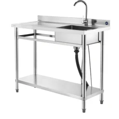 VEVOR Stainless Steel Utility Sink, Free Standing Single Bowl Commercial Kitchen Sink with Faucet, Utility Left Basin Workbench with Hot & Cold Water Pipe for Garage Restaurant Laundry, 47x19.7x37 in