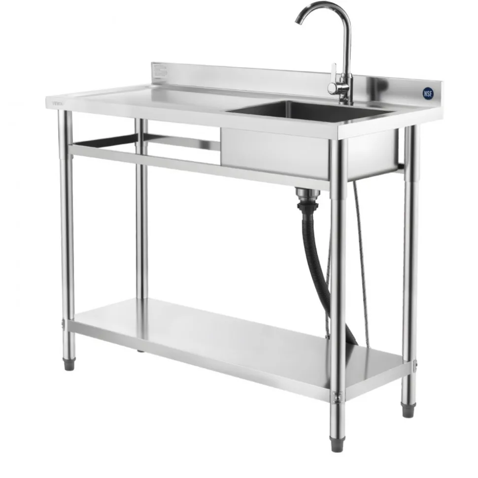 VEVOR Stainless Steel Utility Sink, Free Standing Single Bowl Commercial Kitchen Sink with Faucet, Utility Left Basin Workbench with Hot & Cold Water Pipe for Garage Restaurant Laundry, 47x19.7x37 in