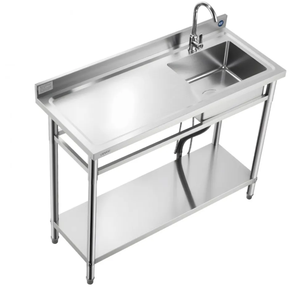 VEVOR Stainless Steel Utility Sink, Free Standing Single Bowl Commercial Kitchen Sink with Faucet, Utility Left Basin Workbench with Hot & Cold Water Pipe for Garage Restaurant Laundry, 47x19.7x37 in