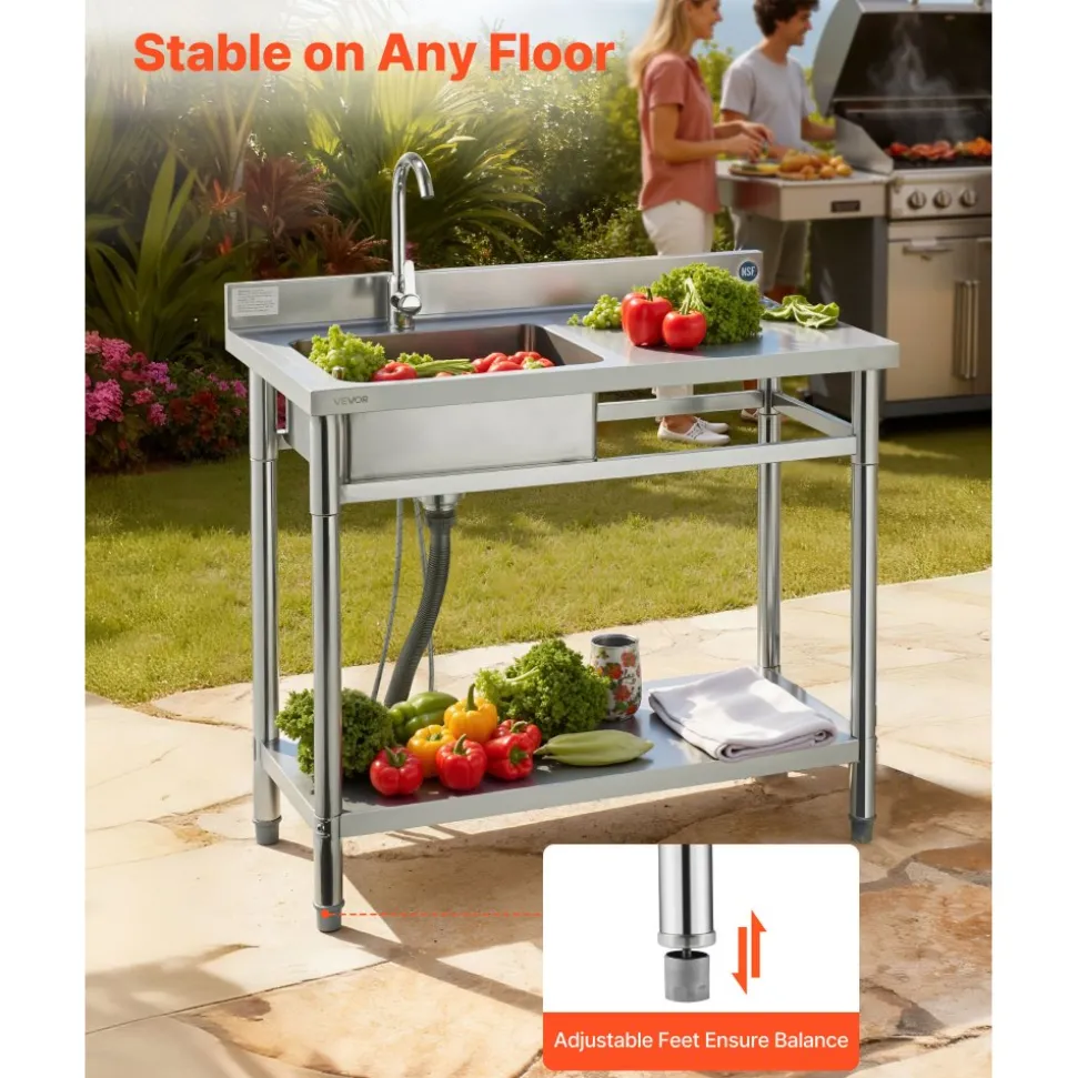 VEVOR Stainless Steel Utility Sink, Free Standing Single Bowl Commercial Kitchen Sink with Faucet, 39.4 x 19.7 x 37 in, Utility Right Basin with Hot & Cold Water Pipe for Garage, Restaurant, Laundry