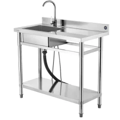 VEVOR Stainless Steel Utility Sink, Free Standing Single Bowl Commercial Kitchen Sink with Faucet, 39.4 x 19.7 x 37 in, Utility Right Basin with Hot & Cold Water Pipe for Garage, Restaurant, Laundry