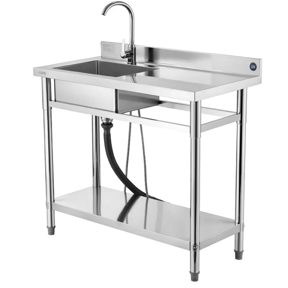 VEVOR Stainless Steel Utility Sink, Free Standing Single Bowl Commercial Kitchen Sink with Faucet, 39.4 x 19.7 x 37 in, Utility Right Basin with Hot & Cold Water Pipe for Garage, Restaurant, Laundry