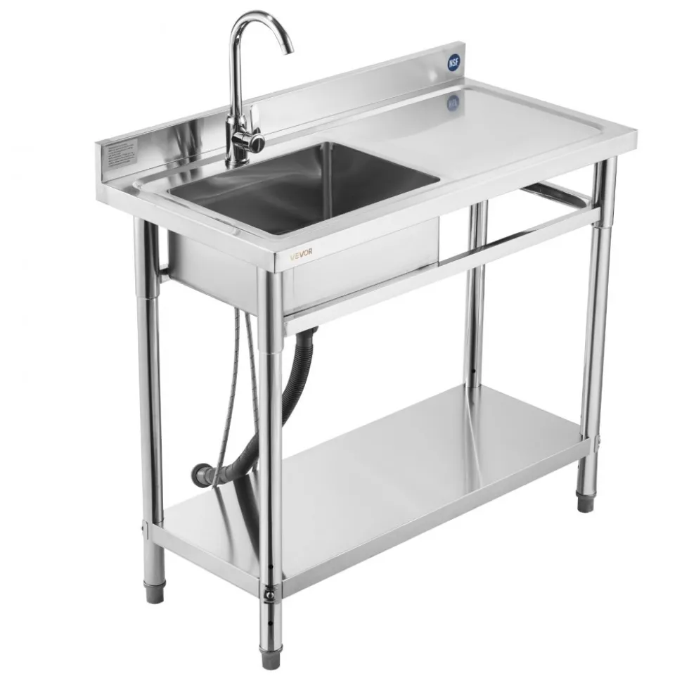 VEVOR Stainless Steel Utility Sink, Free Standing Single Bowl Commercial Kitchen Sink with Faucet, 39.4 x 19.7 x 37 in, Utility Right Basin with Hot & Cold Water Pipe for Garage, Restaurant, Laundry