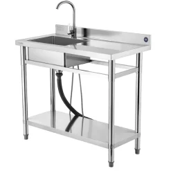 VEVOR Stainless Steel Utility Sink, Free Standing Single Bowl Commercial Kitchen Sink with Faucet, 39.4 x 19.7 x 37 in, Utility Right Basin with Hot & Cold Water Pipe for Garage, Restaurant, Laundry