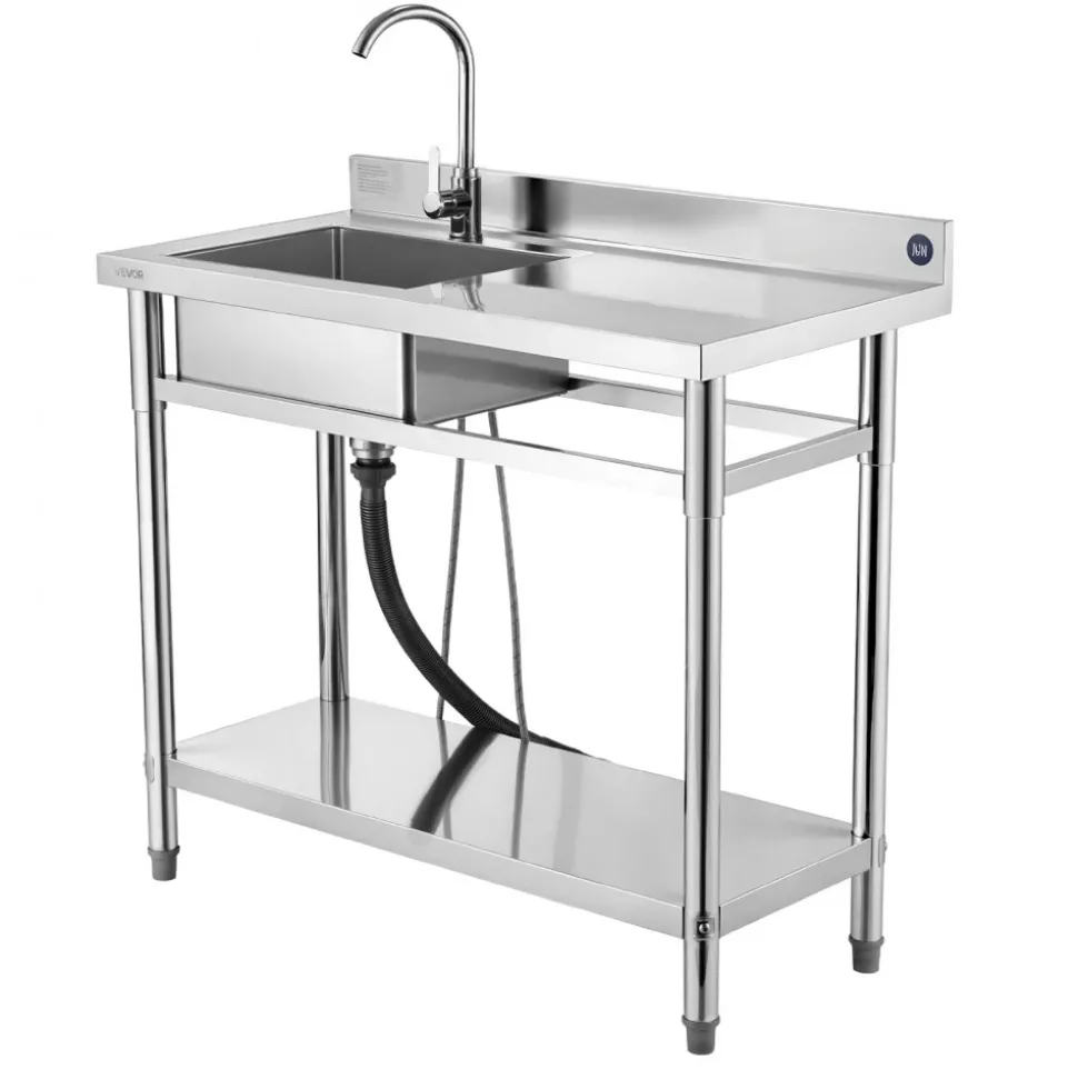 VEVOR Stainless Steel Utility Sink, Free Standing Single Bowl Commercial Kitchen Sink with Faucet, 39.4 x 19.7 x 37 in, Utility Right Basin with Hot & Cold Water Pipe for Garage, Restaurant, Laundry