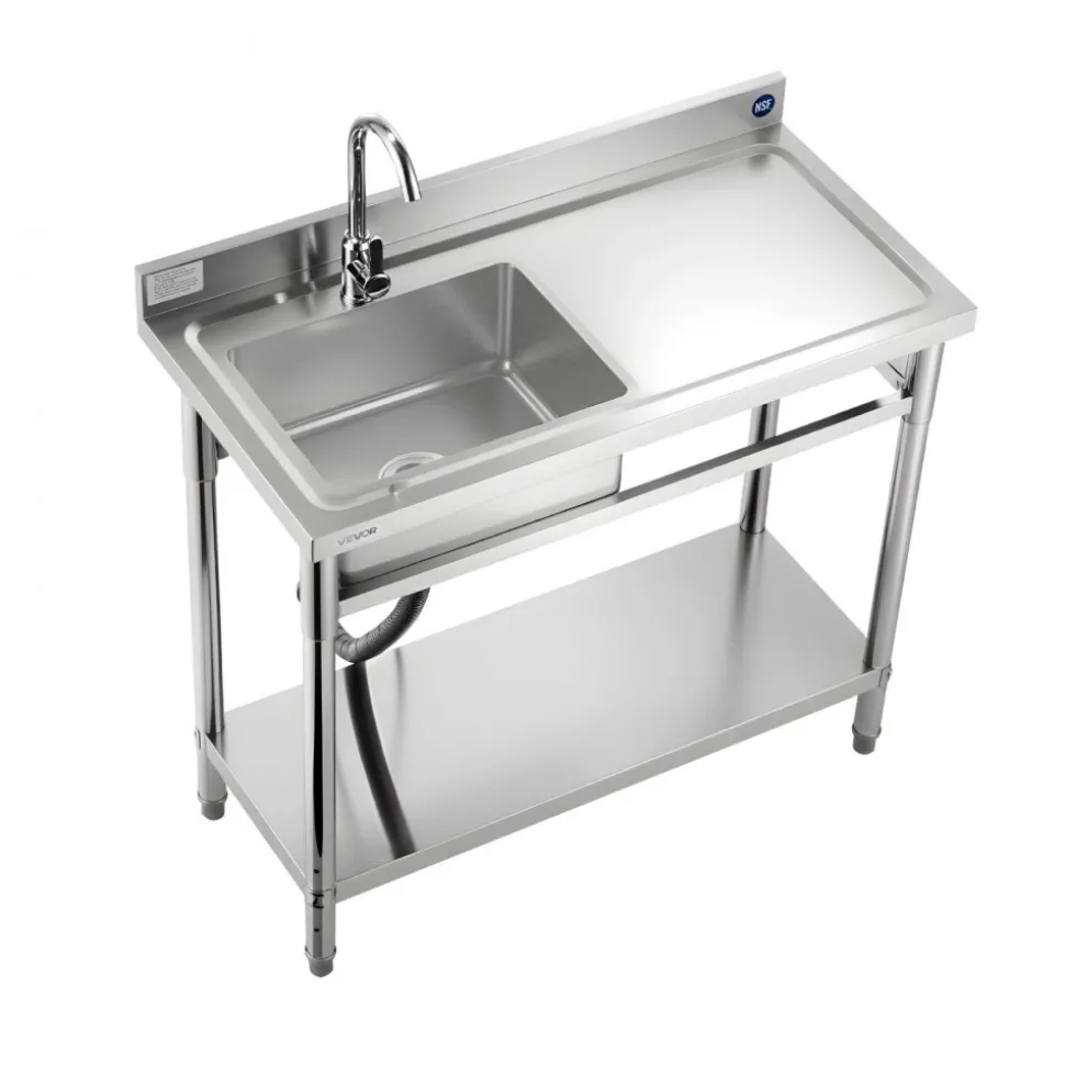 VEVOR Stainless Steel Utility Sink, Free Standing Single Bowl Commercial Kitchen Sink with Faucet, 39.4 x 19.7 x 37 in, Utility Right Basin with Hot & Cold Water Pipe for Garage, Restaurant, Laundry
