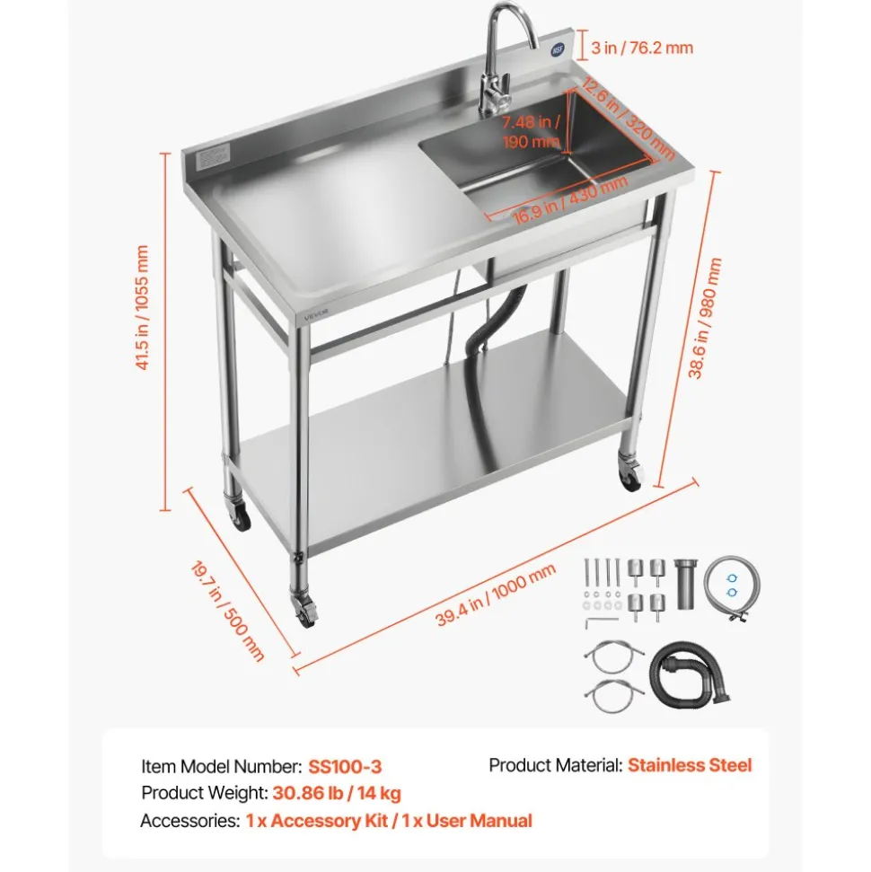 VEVOR Stainless Steel Utility Sink, Rolling Single Bowl Commercial Kitchen Sink with Wheels, Faucet and Hot & Cold Water Pipe, Utility Basin Workbench for Garage Restaurant Laundry 39.4 x 19.7 x 41.5 in