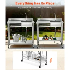 VEVOR Stainless Steel Utility Sink, Rolling Single Bowl Commercial Kitchen Sink with Wheels, Faucet and Hot & Cold Water Pipe, Utility Basin Workbench for Garage Restaurant Laundry 39.4 x 19.7 x 41.5 in