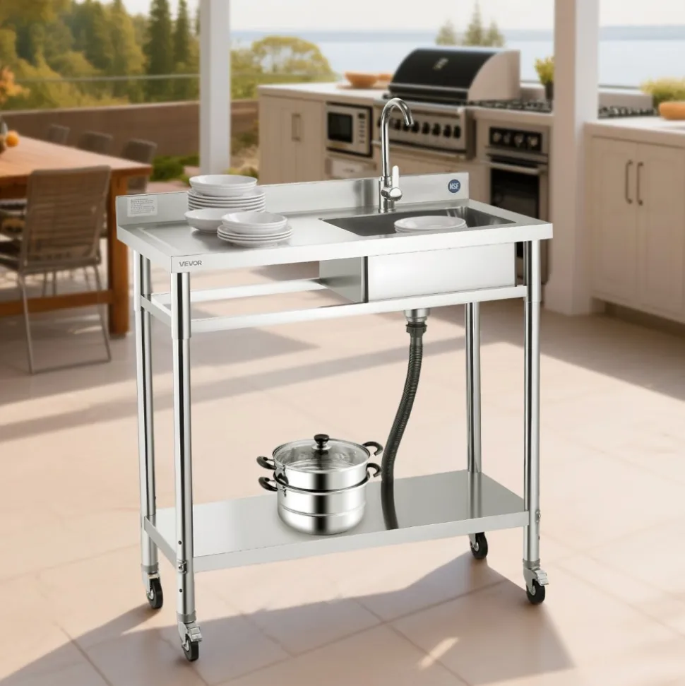 VEVOR Stainless Steel Utility Sink, Rolling Single Bowl Commercial Kitchen Sink with Wheels, Faucet and Hot & Cold Water Pipe, Utility Basin Workbench for Garage Restaurant Laundry 39.4 x 19.7 x 41.5 in