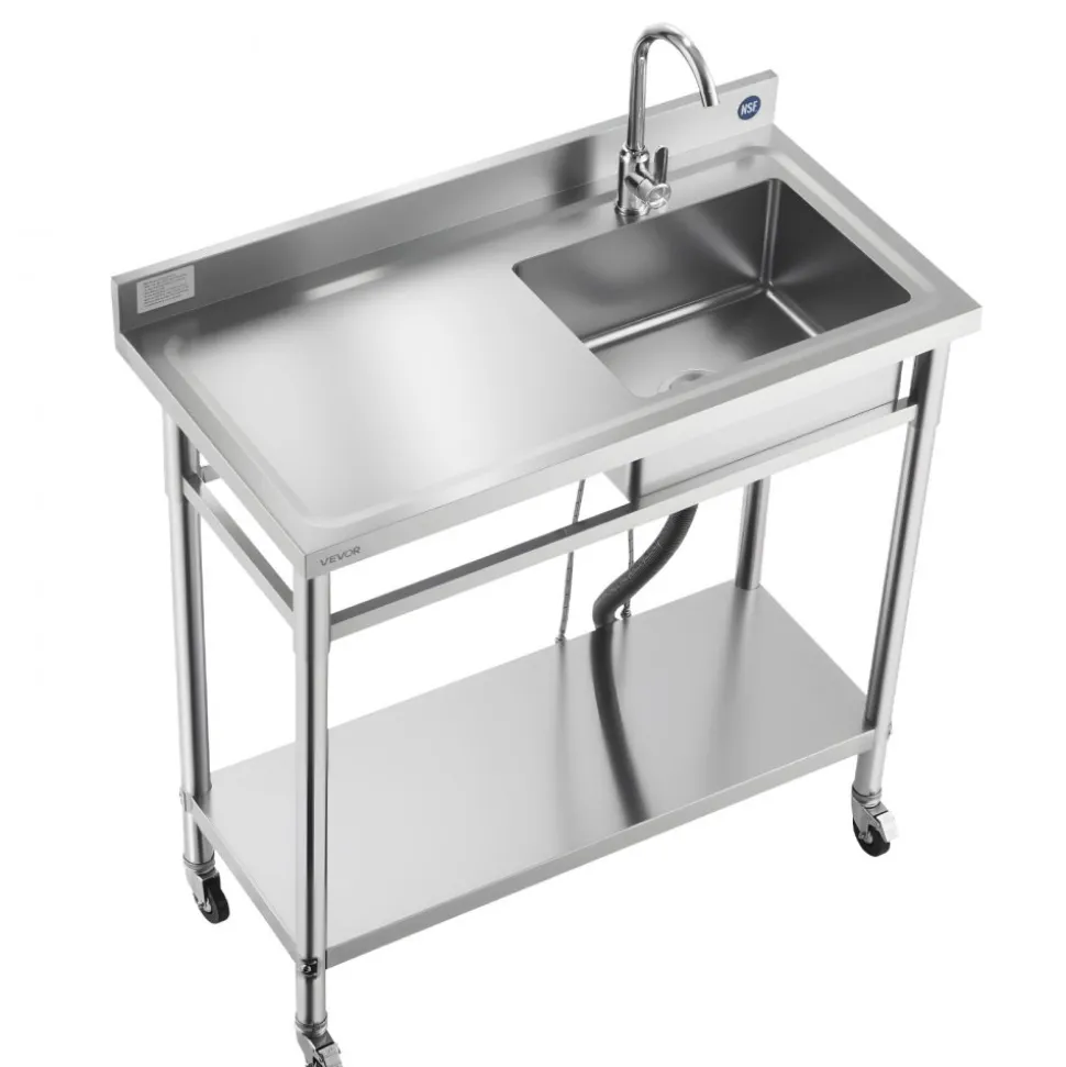 VEVOR Stainless Steel Utility Sink, Rolling Single Bowl Commercial Kitchen Sink with Wheels, Faucet and Hot & Cold Water Pipe, Utility Basin Workbench for Garage Restaurant Laundry 39.4 x 19.7 x 41.5 in