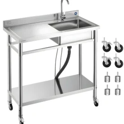 VEVOR Stainless Steel Utility Sink, Rolling Single Bowl Commercial Kitchen Sink with Wheels, Faucet and Hot & Cold Water Pipe, Utility Basin Workbench for Garage Restaurant Laundry 39.4 x 19.7 x 41.5 in