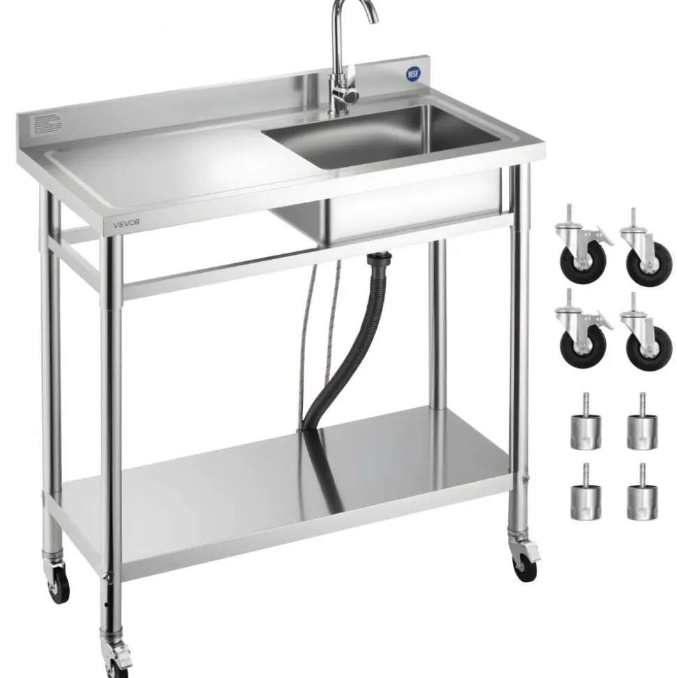 VEVOR Stainless Steel Utility Sink, Rolling Single Bowl Commercial Kitchen Sink with Wheels, Faucet and Hot & Cold Water Pipe, Utility Basin Workbench for Garage Restaurant Laundry 39.4 x 19.7 x 41.5 in