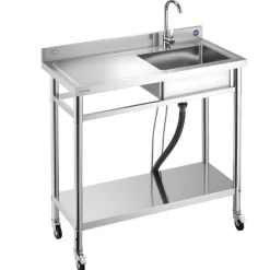 VEVOR Stainless Steel Utility Sink, Rolling Single Bowl Commercial Kitchen Sink with Wheels, Faucet and Hot & Cold Water Pipe, Utility Basin Workbench for Garage Restaurant Laundry 39.4 x 19.7 x 41.5 in