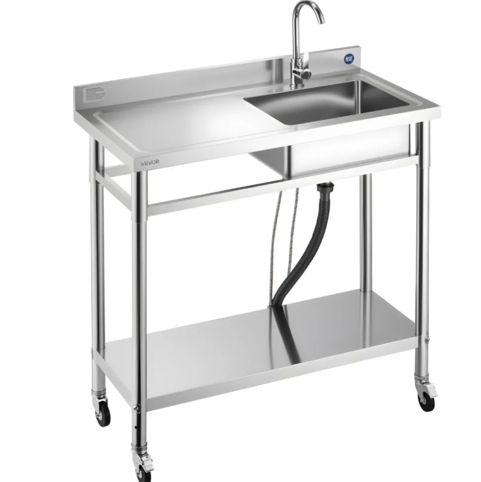 VEVOR Stainless Steel Utility Sink, Rolling Single Bowl Commercial Kitchen Sink with Wheels, Faucet and Hot & Cold Water Pipe, Utility Basin Workbench for Garage Restaurant Laundry 39.4 x 19.7 x 41.5 in