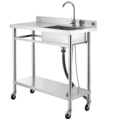 VEVOR Stainless Steel Utility Sink, Rolling Single Bowl Commercial Kitchen Sink with Wheels, Faucet and Hot & Cold Water Pipe, Utility Basin Workbench for Garage Restaurant Laundry 39.4 x 19.7 x 41.5 in