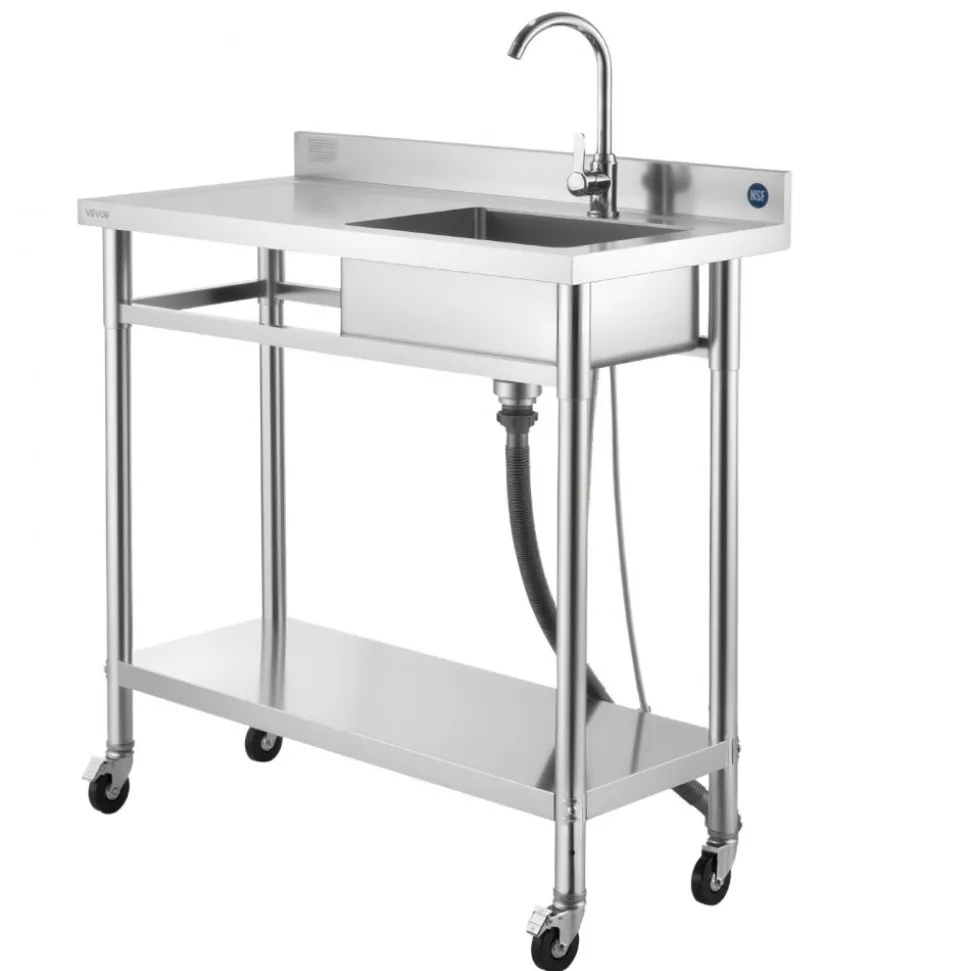 VEVOR Stainless Steel Utility Sink, Rolling Single Bowl Commercial Kitchen Sink with Wheels, Faucet and Hot & Cold Water Pipe, Utility Basin Workbench for Garage Restaurant Laundry 39.4 x 19.7 x 41.5 in