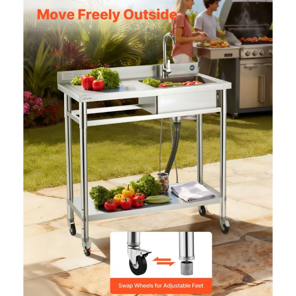 VEVOR Stainless Steel Utility Sink, Rolling Single Bowl Commercial Kitchen Sink with Wheels, Faucet and Hot & Cold Water Pipe, Utility Basin Workbench for Garage Restaurant Laundry 39.4 x 19.7 x 41.5 in