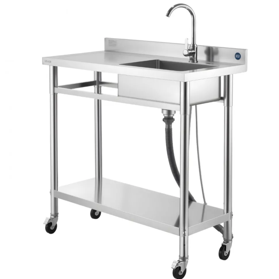 VEVOR Stainless Steel Utility Sink, Rolling Single Bowl Commercial Kitchen Sink with Wheels, Faucet and Hot & Cold Water Pipe, Utility Basin Workbench for Garage Restaurant Laundry 39.4 x 19.7 x 41.5 in
