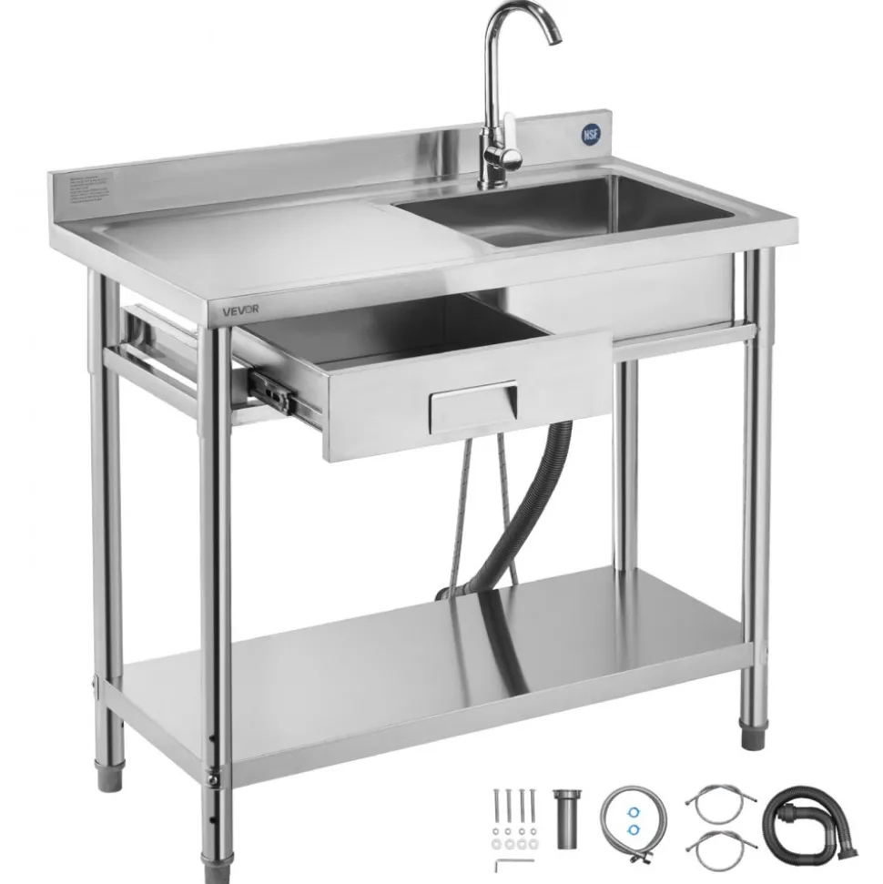 VEVOR Stainless Steel Utility Sink, Free Standing Single Bowl Commercial Kitchen Sink with Drawer, Faucet and Hot & Cold Water Pipe, Utility Basin for Garage Restaurant Laundry, 39.4 x 19.7 x 37 in