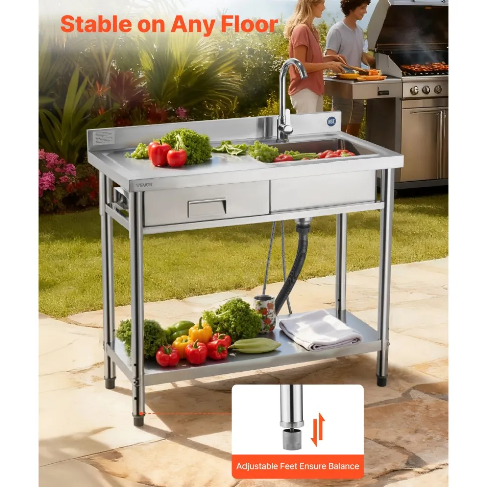 VEVOR Stainless Steel Utility Sink, Free Standing Single Bowl Commercial Kitchen Sink with Drawer, Faucet and Hot & Cold Water Pipe, Utility Basin for Garage Restaurant Laundry, 39.4 x 19.7 x 37 in