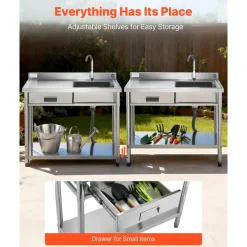 VEVOR Stainless Steel Utility Sink, Free Standing Single Bowl Commercial Kitchen Sink with Drawer, Faucet and Hot & Cold Water Pipe, Utility Basin for Garage Restaurant Laundry, 39.4 x 19.7 x 37 in