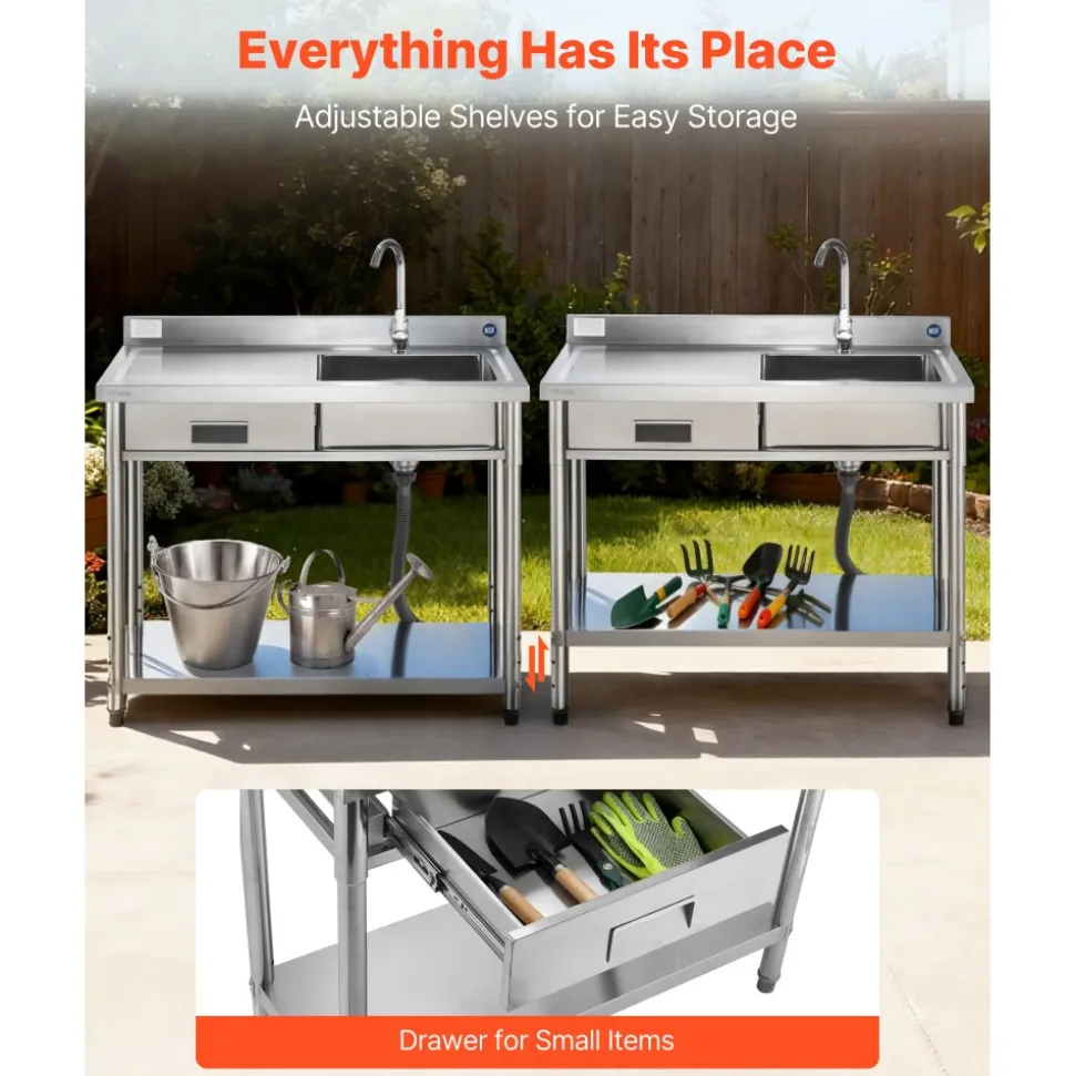 VEVOR Stainless Steel Utility Sink, Free Standing Single Bowl Commercial Kitchen Sink with Drawer, Faucet and Hot & Cold Water Pipe, Utility Basin for Garage Restaurant Laundry, 39.4 x 19.7 x 37 in
