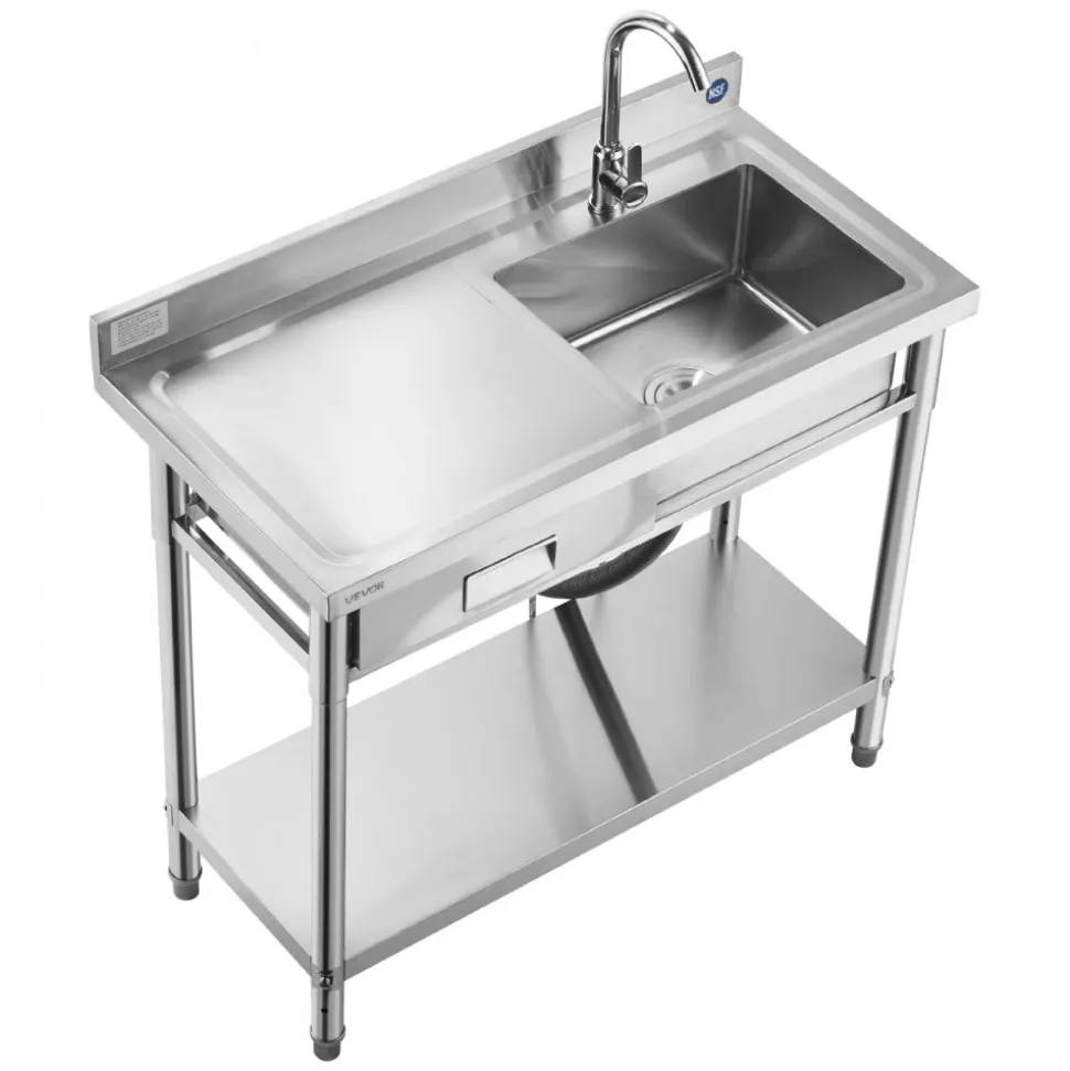 VEVOR Stainless Steel Utility Sink, Free Standing Single Bowl Commercial Kitchen Sink with Drawer, Faucet and Hot & Cold Water Pipe, Utility Basin for Garage Restaurant Laundry, 39.4 x 19.7 x 37 in