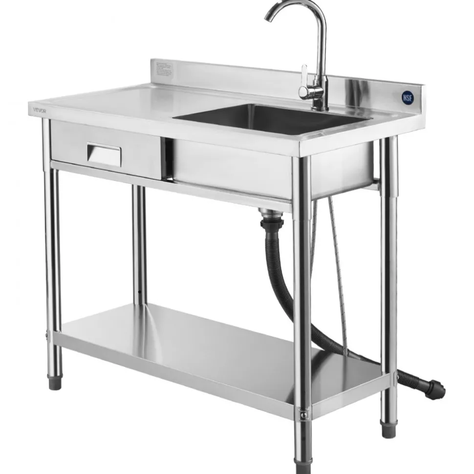 VEVOR Stainless Steel Utility Sink, Free Standing Single Bowl Commercial Kitchen Sink with Drawer, Faucet and Hot & Cold Water Pipe, Utility Basin for Garage Restaurant Laundry, 39.4 x 19.7 x 37 in