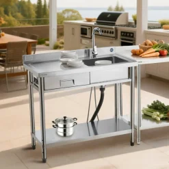 VEVOR Stainless Steel Utility Sink, Free Standing Single Bowl Commercial Kitchen Sink with Drawer, Faucet and Hot & Cold Water Pipe, Utility Basin for Garage Restaurant Laundry, 39.4 x 19.7 x 37 in