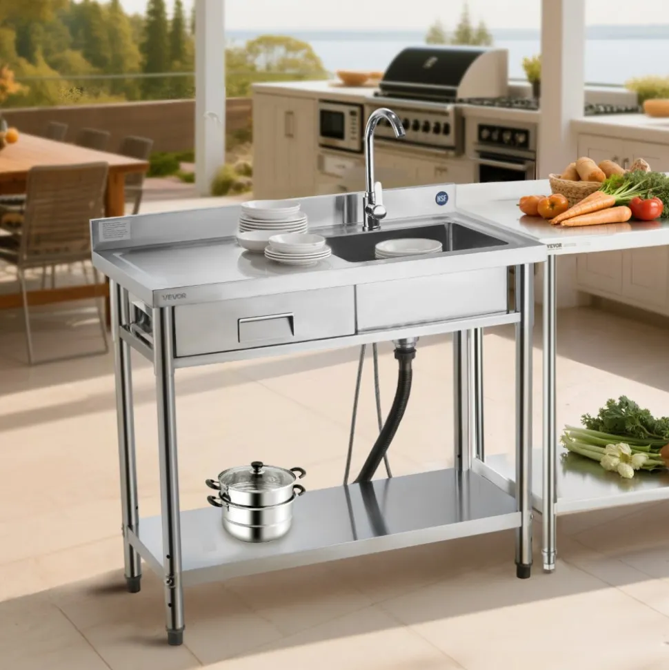 VEVOR Stainless Steel Utility Sink, Free Standing Single Bowl Commercial Kitchen Sink with Drawer, Faucet and Hot & Cold Water Pipe, Utility Basin for Garage Restaurant Laundry, 39.4 x 19.7 x 37 in