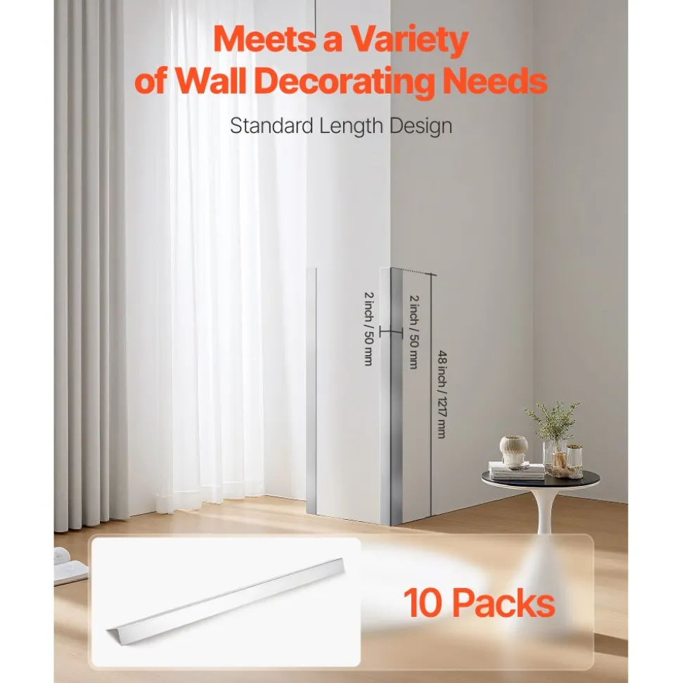 VEVOR Stainless Steel Wall Corner Protector, 2 x 2 x 48 inch, 10 Pack Metal Corner Guards, 304 Stainless Steel Edge Trim 90-Degree Angle for Home,Office,Commercial Wall Protection, with 3m Tape