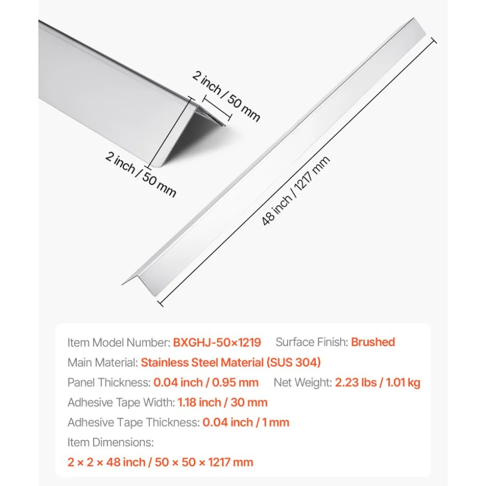 VEVOR Stainless Steel Wall Corner Protector, 2 x 2 x 48 inch, 10 Pack Metal Corner Guards, 304 Stainless Steel Edge Trim 90-Degree Angle for Home,Office,Commercial Wall Protection, with 3m Tape