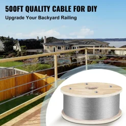 VEVOR 316 Stainless Steel Wire Rope 500ft Length, Steel Wire Cable 3/16 Inch, Steel Cable Railing Decking With 1x19 Strands Construction, 4700lbs Breaking Strength For Stair, Handrail, Clothesline