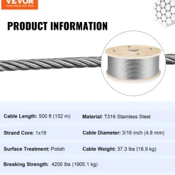 VEVOR 316 Stainless Steel Wire Rope 500ft Length, Steel Wire Cable 3/16 Inch, Steel Cable Railing Decking With 1x19 Strands Construction, 4700lbs Breaking Strength For Stair, Handrail, Clothesline