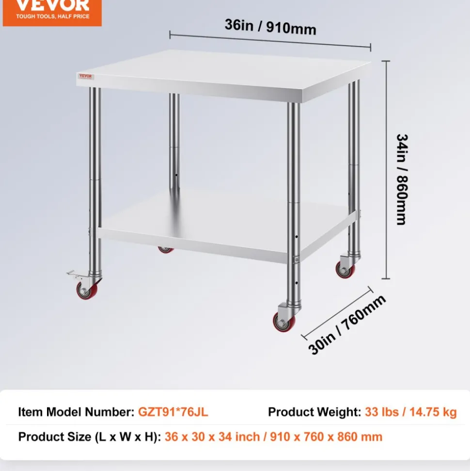 VEVOR Stainless Steel Work Table 36 x 30 x 34 Inch, 700 LBS Load Capacity with 4 Wheels, 3 Adjustable Height Levels, Heavy Duty Food Prep Worktable for Commercial Kitchen Restaurant, Silver