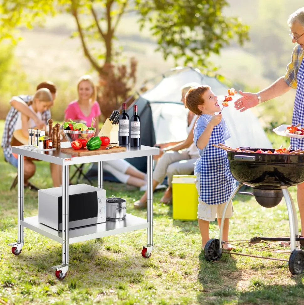 VEVOR Stainless Steel Work Table 36 x 30 x 34 Inch, 700 LBS Load Capacity with 4 Wheels, 3 Adjustable Height Levels, Heavy Duty Food Prep Worktable for Commercial Kitchen Restaurant, Silver