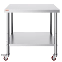 VEVOR Stainless Steel Work Table 36 x 30 x 34 Inch, 700 LBS Load Capacity with 4 Wheels, 3 Adjustable Height Levels, Heavy Duty Food Prep Worktable for Commercial Kitchen Restaurant, Silver