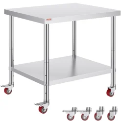 VEVOR Stainless Steel Work Table 36 x 30 x 34 Inch, 700 LBS Load Capacity with 4 Wheels, 3 Adjustable Height Levels, Heavy Duty Food Prep Worktable for Commercial Kitchen Restaurant, Silver