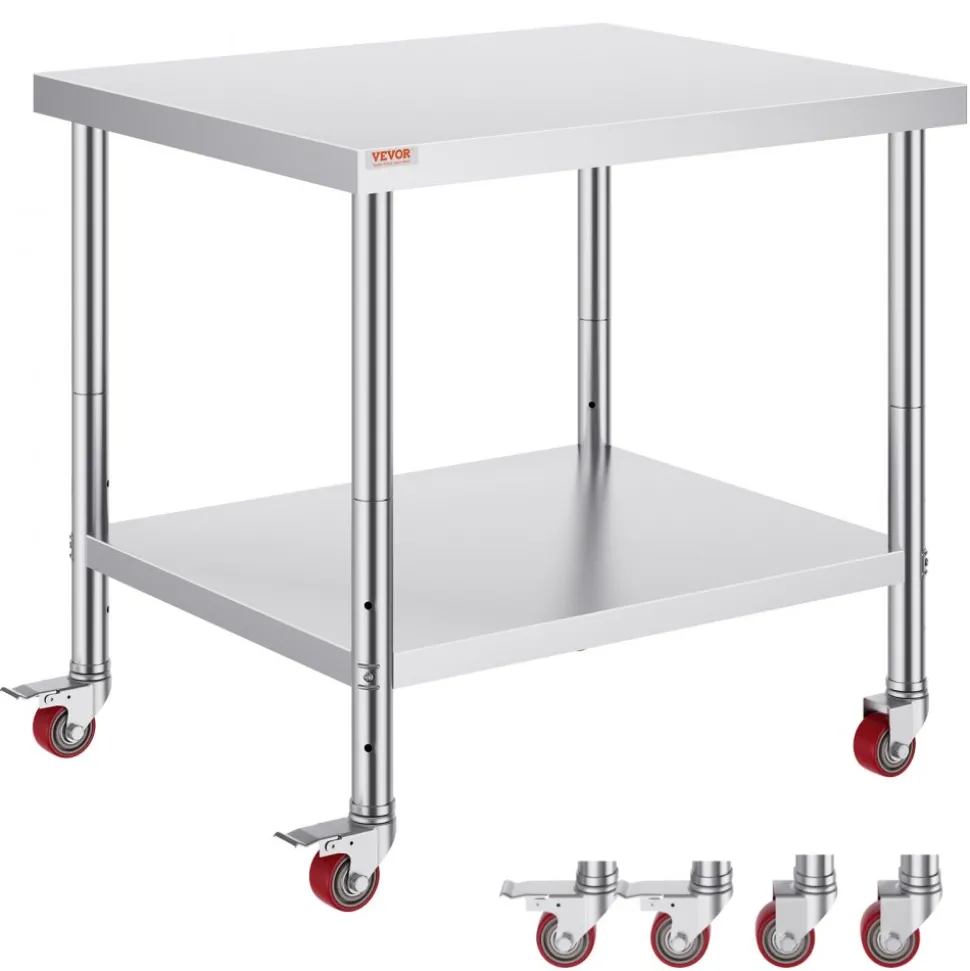 VEVOR Stainless Steel Work Table 36 x 30 x 34 Inch, 700 LBS Load Capacity with 4 Wheels, 3 Adjustable Height Levels, Heavy Duty Food Prep Worktable for Commercial Kitchen Restaurant, Silver
