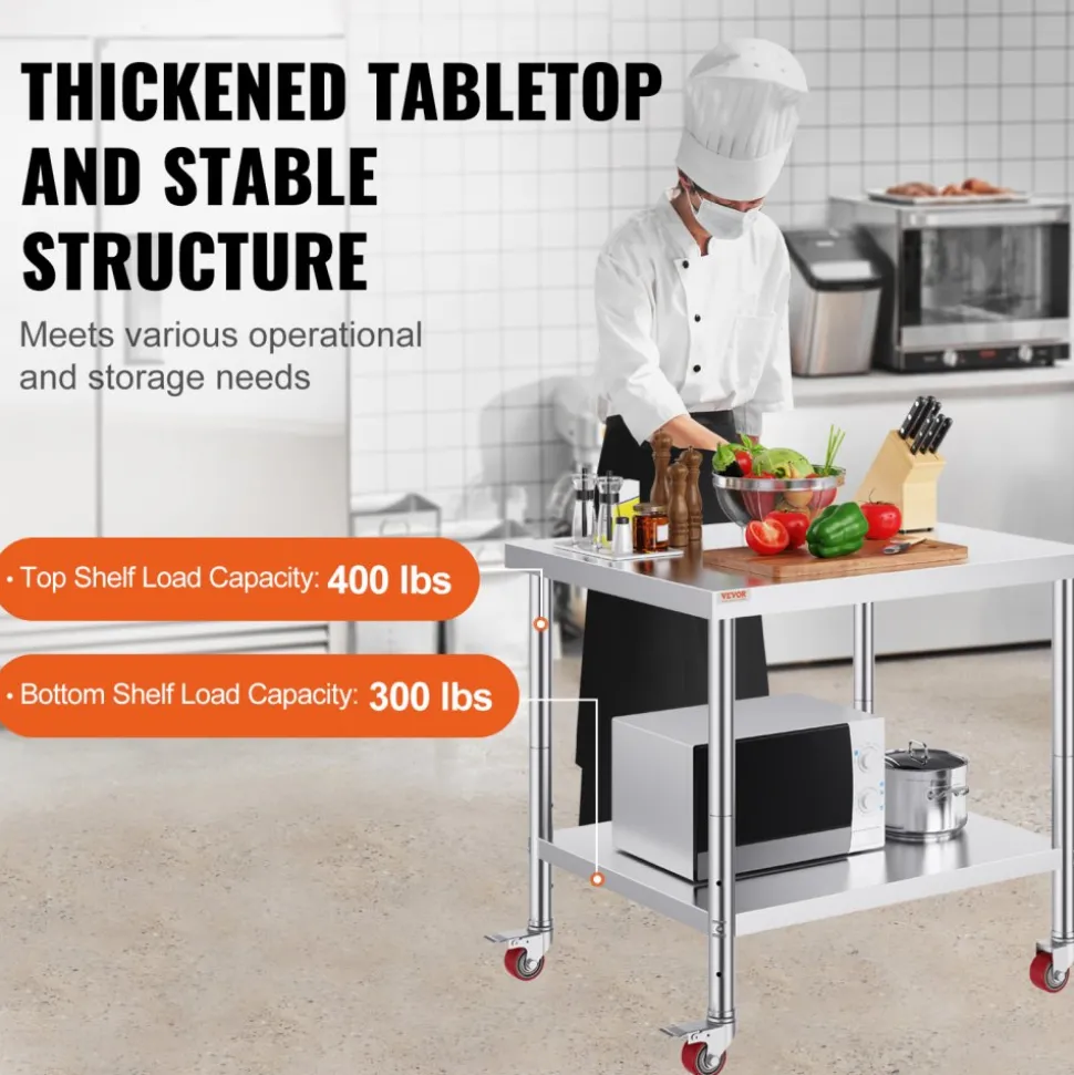VEVOR Stainless Steel Work Table 36 x 30 x 34 Inch, 700 LBS Load Capacity with 4 Wheels, 3 Adjustable Height Levels, Heavy Duty Food Prep Worktable for Commercial Kitchen Restaurant, Silver
