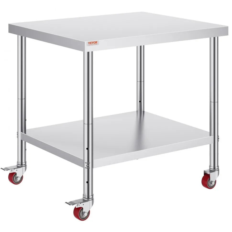 VEVOR Stainless Steel Work Table 36 x 30 x 34 Inch, 700 LBS Load Capacity with 4 Wheels, 3 Adjustable Height Levels, Heavy Duty Food Prep Worktable for Commercial Kitchen Restaurant, Silver