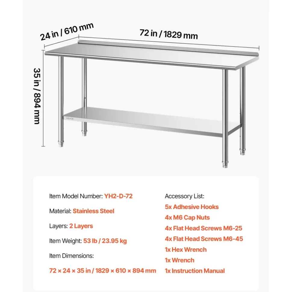 VEVOR Stainless Steel Work Table 30 x 24 x 33 Inch, 700 LBS Load Capacity with 4 Wheels, 3 Adjustable Height Levels, Heavy Duty Food Prep Worktable for Commercial Kitchen Restaurant, Silver