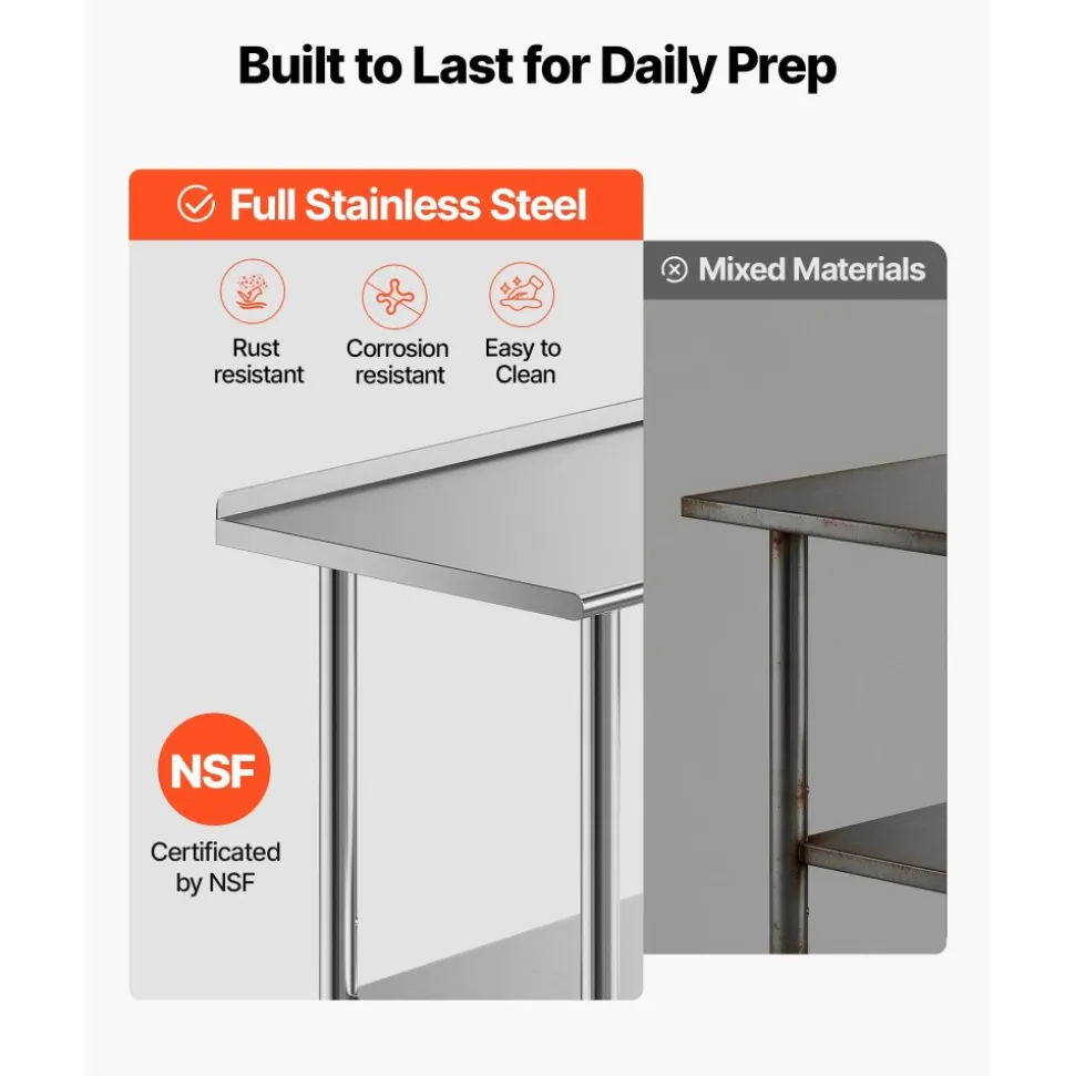 VEVOR Stainless Steel Work Table 30 x 24 x 33 Inch, 700 LBS Load Capacity with 4 Wheels, 3 Adjustable Height Levels, Heavy Duty Food Prep Worktable for Commercial Kitchen Restaurant, Silver