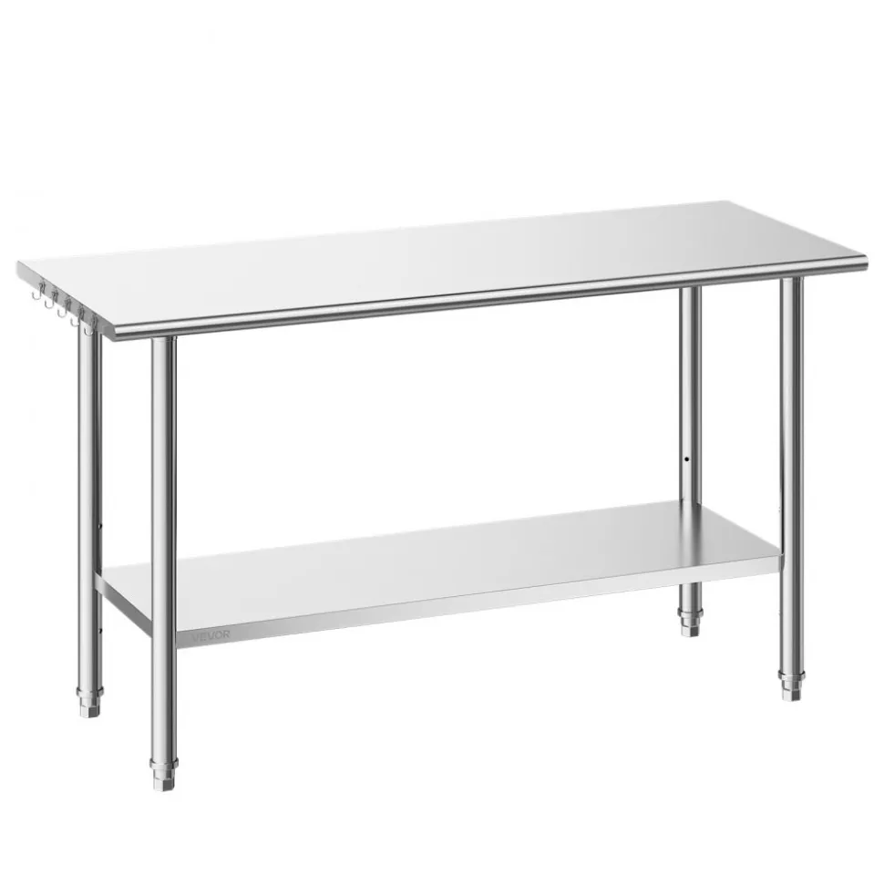 VEVOR Stainless Steel Work Table, 24x60 Inch Food Prep Table, Commercial Kitchen Workstation with Adjustable Undershelf, Metal Heavy Duty Utility Worktable, for Restaurant Home Hotel Garage Outdoor